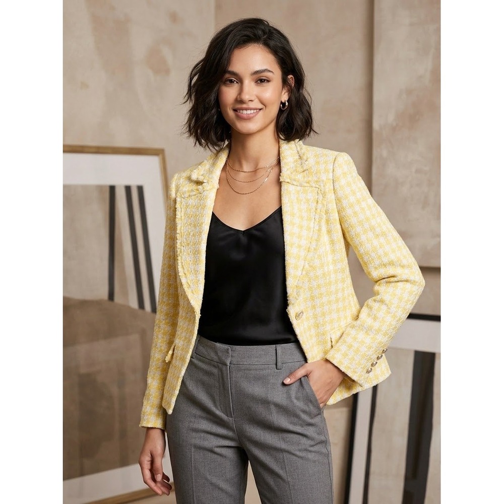 Donna Rae New York Yellow White Houndstooth Tweed Blazer Jacket Cotton Size 6